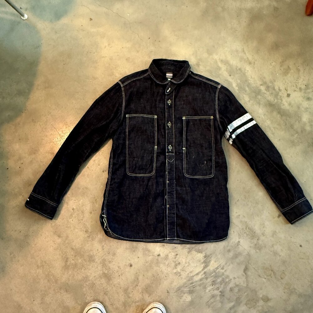 Momotaro Dark Indigo Denim Button-Down Shirt with White Arm Stripes